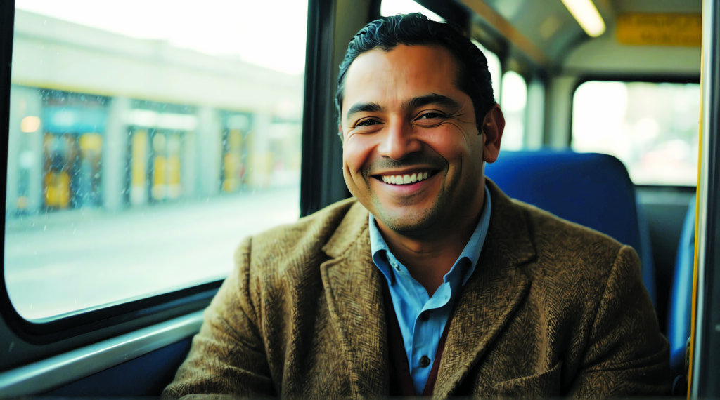 Happy Hispanic male riding the bus