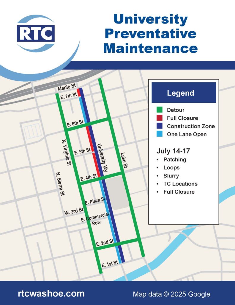 A map showing potential preventative maintenance detours for University Way.