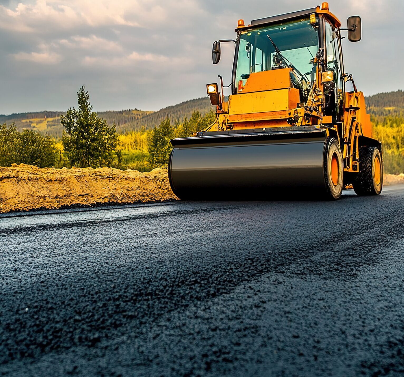 A steamroller flattening fresh asphalt on a newly constructed road