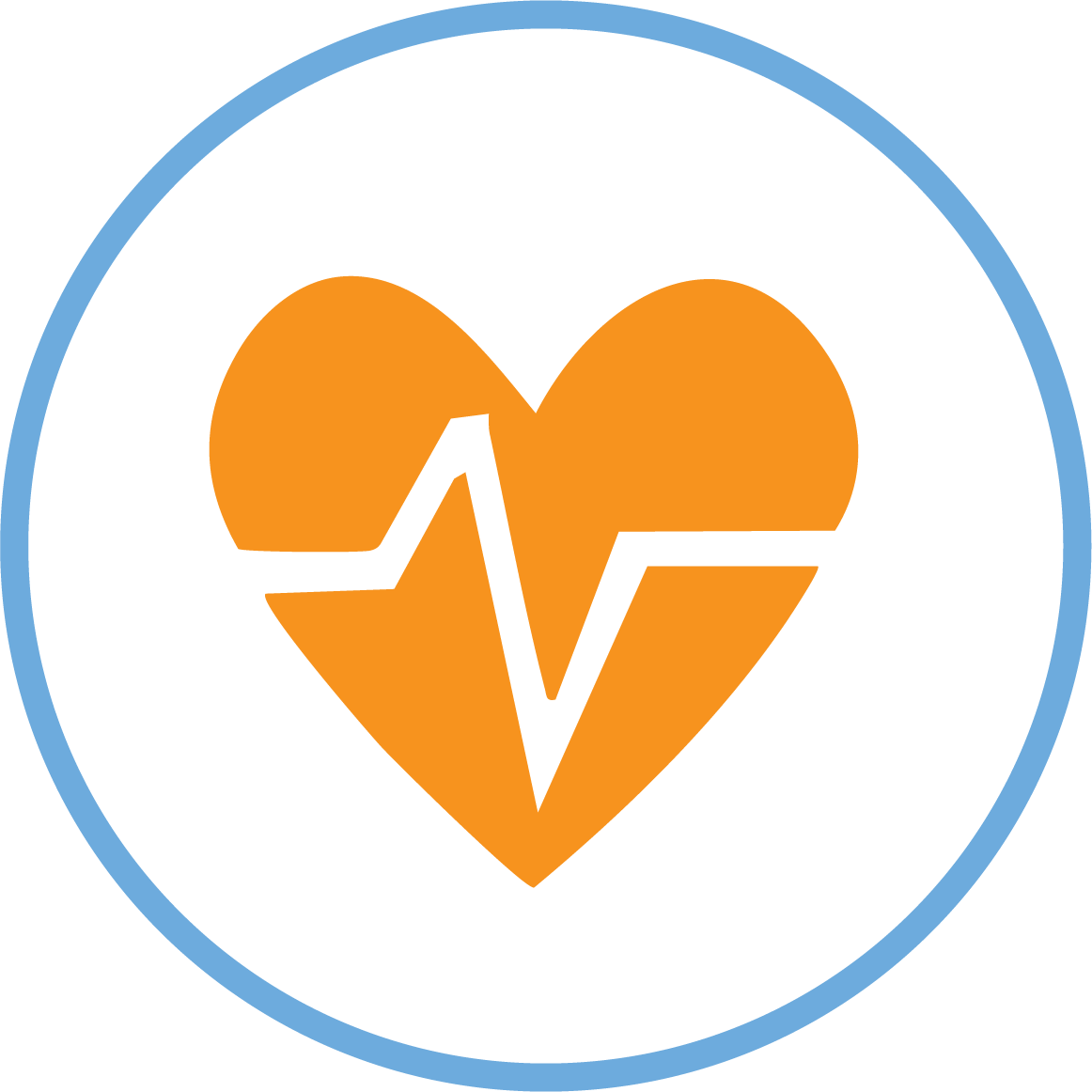 Illustrated icon of a heart with heatbeat, all enclosed within a circular border.