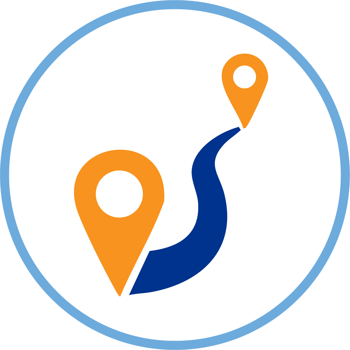 Illustrated icon of two location pin points with a small line connecting them, all enclosed within a circular border.