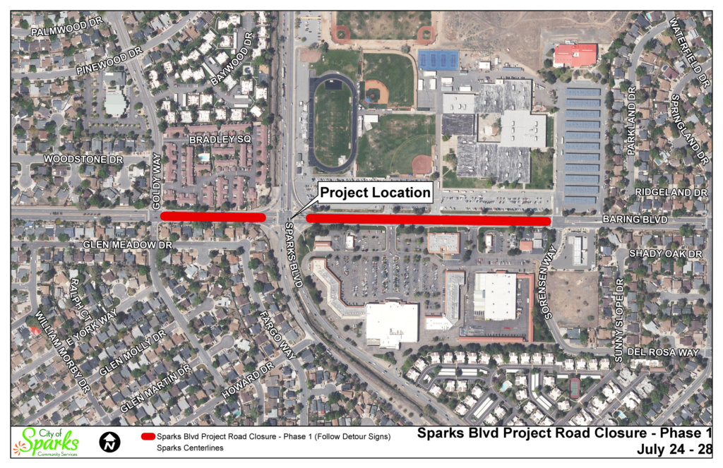 Aerial map showing the temporary closure of Baring Boulevard at the Sparks Boulevard intersection in Sparks. Red lines indicate closures on both the east and west sides of the intersection during Phase 1, July 24–28. Sparks Boulevard remains open to through traffic. Nearby streets, neighborhoods and businesses are labeled, and a project location callout identifies the intersection. The map notes that drivers should follow signed detours while access to nearby neighborhoods and businesses is maintained.
